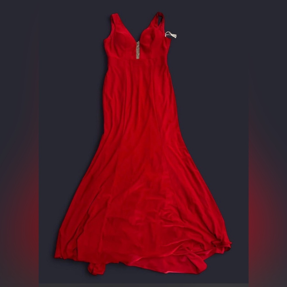 XSCAPE Red maxi gown with beaded details and small train